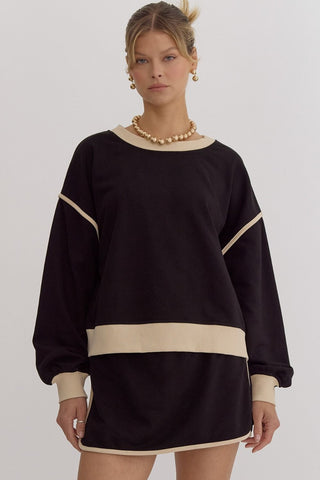 Entro Solid Contrast Trim Long Sleeve Top in Black