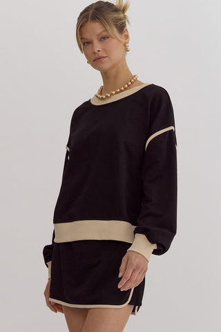Entro Solid Contrast Trim Long Sleeve Top in Black