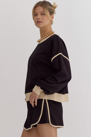 Entro Solid Contrast Trim Long Sleeve Top in Black
