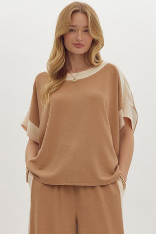 Entro Solid Ribbed Contrast Trim Boatneck Top in Camel