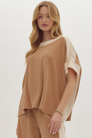 Entro Solid Ribbed Contrast Trim Boatneck Top in Camel