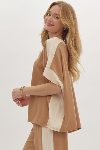 Entro Solid Ribbed Contrast Trim Boatneck Top in Camel