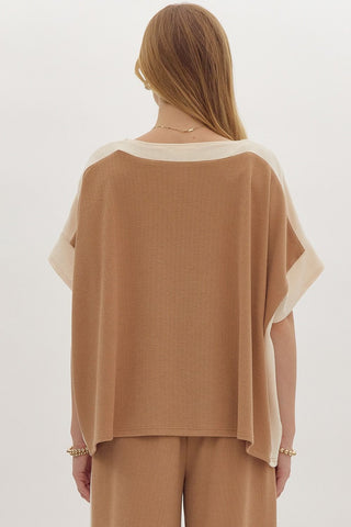 Entro Solid Ribbed Contrast Trim Boatneck Top in Camel