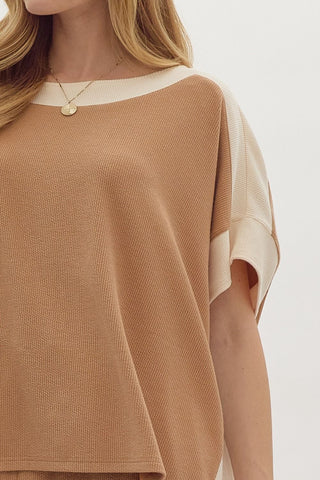Entro Solid Ribbed Contrast Trim Boatneck Top in Camel