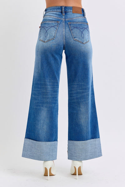 Judy Blue High Waist Retro Distressed Cuffed Wide Leg Jeans 82636 - Exclusive-Jeans-Sunshine and Wine Boutique