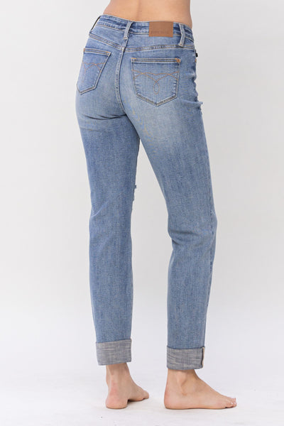 Judy Blue Mid Rise Knee Destroyed Cuffed Long Boyfriend Denim 88605-Jeans-Sunshine and Wine Boutique