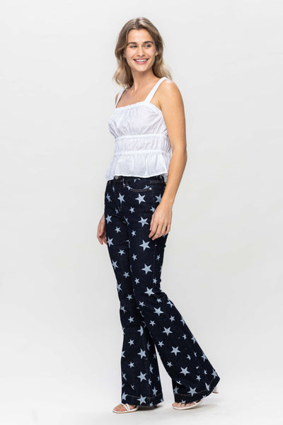 Judy Blue High Waist All Over Star Print Rinse Wash Flare Denim 88662-Pants-Sunshine and Wine Boutique