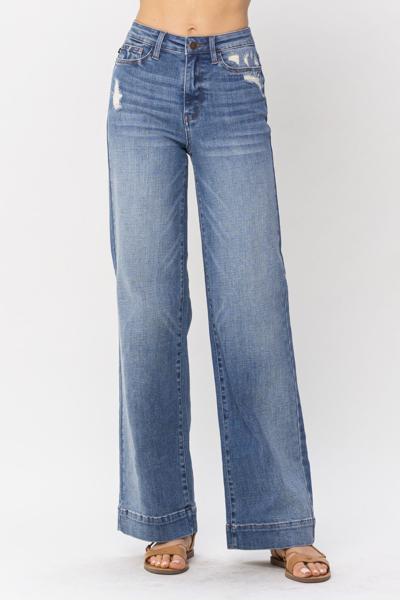 Judy Blue High Waist Mild Destroy Trouser Wide Leg Denim 88597-Jeans-Sunshine and Wine Boutique