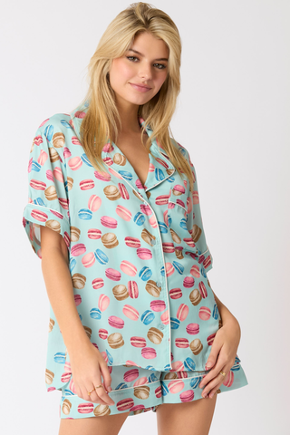 Peach Love California Poly Satin Macarons Printed Pajama Shirt