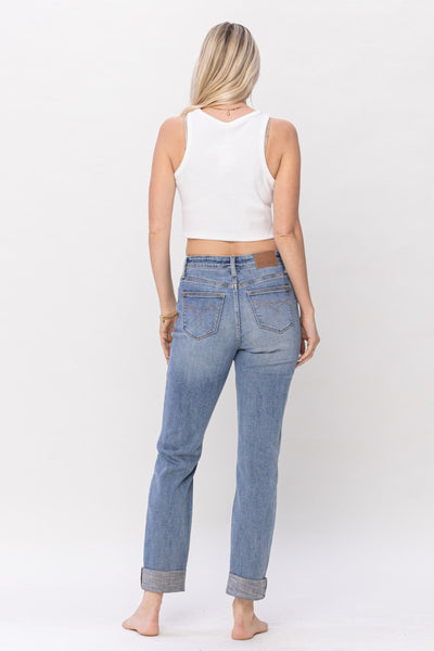 Judy Blue Mid Rise Knee Destroyed Cuffed Long Boyfriend Denim 88605-Jeans-Sunshine and Wine Boutique