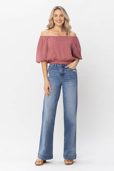 Judy Blue High Waist Mild Destroy Trouser Wide Leg Denim 88597-Jeans-Sunshine and Wine Boutique