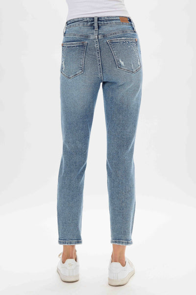 Judy Blue High Waist Rhinestone Embellished W/ Destroyed Slim Denim 88565-Jeans-Sunshine and Wine Boutique