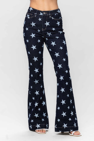 Judy Blue High Waist All Over Star Print Rinse Wash Flare Denim 88662-Jeans-Sunshine and Wine Boutique