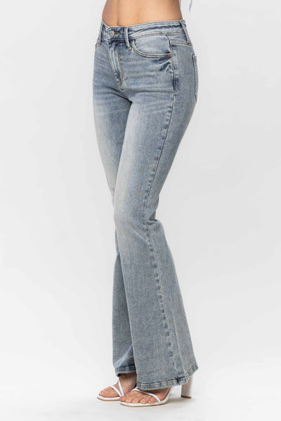 Judy Blue Mid Rise Tinted Pin Tack Detail Flare Denim 88655-Jeans-Sunshine and Wine Boutique