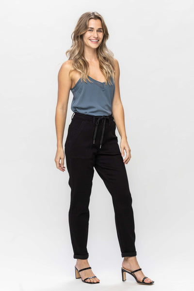 Judy Blue High Waist Jet Black Double Roll Cuff Jogger Denim 88700-Jeans-Sunshine and Wine Boutique