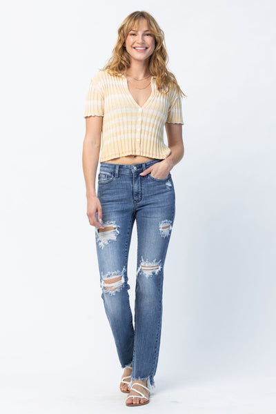 Judy Blue Mid Rise Destroyed Straight Denim 82425-Jeans-Sunshine and Wine Boutique