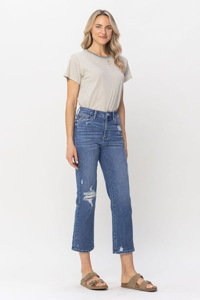 Judy Blue High Waist Destroy and Pocket Hem Embroidery Ankle Straight Denim 88610-Jeans-Sunshine and Wine Boutique