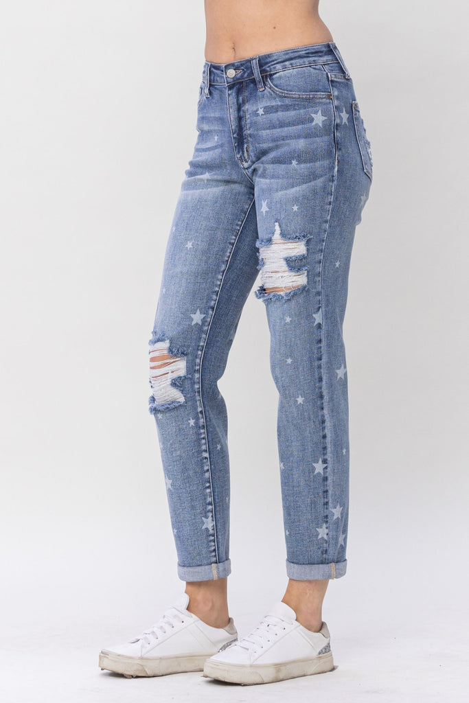 Judy Blue Mid-Rise Relaxed Jean with Patches - JB82525 – Italics Boutique