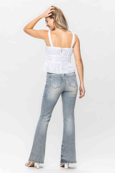 Judy Blue Mid Rise Tinted Pin Tack Detail Flare Denim 88655-Jeans-Sunshine and Wine Boutique