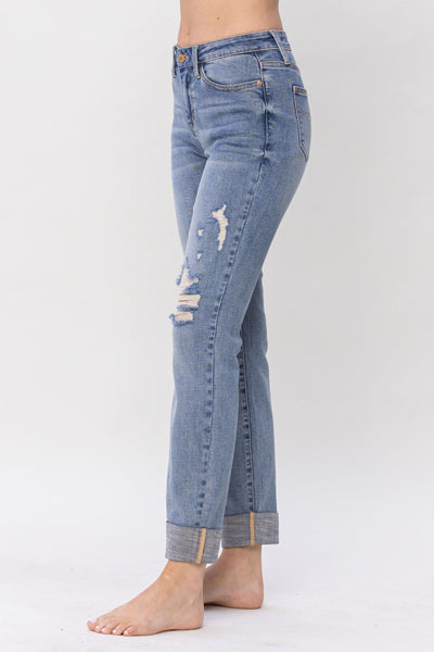 Judy Blue Mid Rise Knee Destroyed Cuffed Long Boyfriend Denim 88605-Pants-Sunshine and Wine Boutique