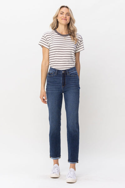 Judy Blue High Waist Cool Denim Sustainable Cuff Boyfriend Denim 88608-Jeans-Sunshine and Wine Boutique