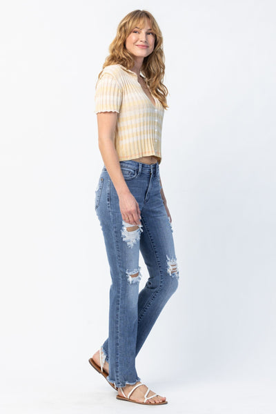 Judy Blue Mid Rise Destroyed Straight Denim 82425-Jeans-Sunshine and Wine Boutique