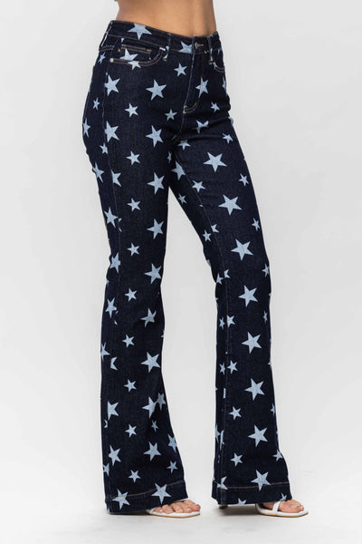 Judy Blue High Waist All Over Star Print Rinse Wash Flare Denim 88662-Pants-Sunshine and Wine Boutique