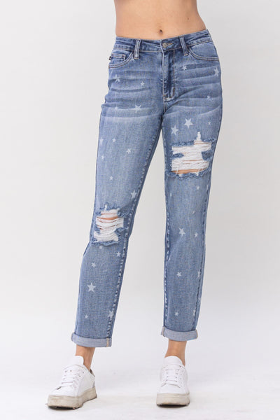 Judy Blue Mid Rise "Star Crossed" Destroy & Roll Cuff Boyfriend Denim 88553-Jeans-Sunshine and Wine Boutique