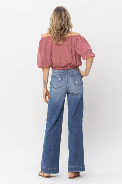 Judy Blue High Waist Mild Destroy Trouser Wide Leg Denim 88597-Jeans-Sunshine and Wine Boutique