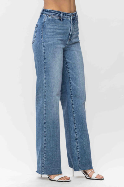 Judy Blue High Waist Raw Hem Trouser Wide Leg Denim 88685-Jeans-Sunshine and Wine Boutique