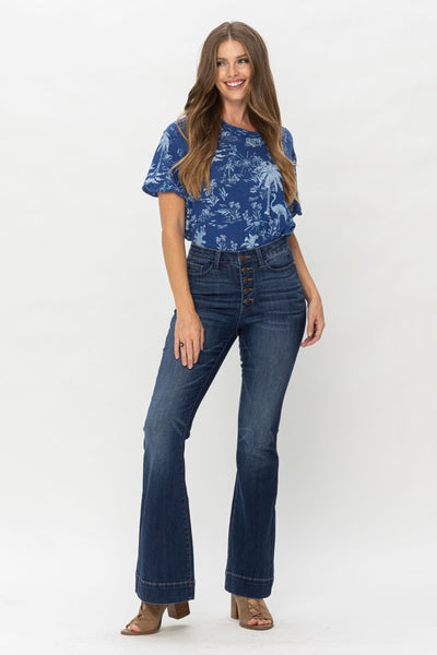 Judy Blue High Waist Button Fly Trouser Flare Denim 88491-Jeans-Sunshine and Wine Boutique