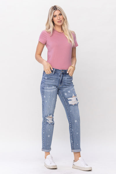 Judy Blue Mid Rise "Star Crossed" Destroy & Roll Cuff Boyfriend Denim 88553-Jeans-Sunshine and Wine Boutique