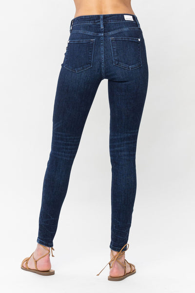 Judy Blue Mid Rise Classic Crinkle Ankle Detail Skinny Denim 82505-Jeans-Sunshine and Wine Boutique