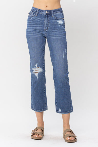 Judy Blue High Waist Destroy and Pocket Hem Embroidery Ankle Straight Denim 88610-Jeans-Sunshine and Wine Boutique