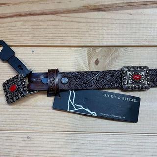 Lucky & Blessed Girl’s Genuine Leather Belt, Brown with Red Conchos