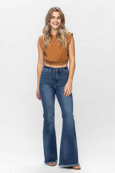 Judy Blue High Waist Tummy Control Fray Hem Flare Denim Jeans 88681