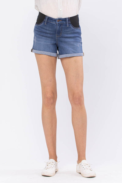 Judy Blue Bloom Mid-Rise Cut Off Maternity Denim Shorts 91502-Clothing-Sunshine and Wine Boutique
