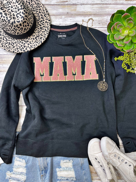 Texas True Threads "Mama" Chenille Applique Sweatshirt, Charcoal-Clothing-Sunshine and Wine Boutique