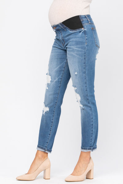 Judy Blue Bloom Maternity Destroyed Boyfriend Denim Mid Rise 9802-Clothing-Sunshine and Wine Boutique