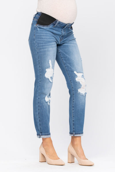 Judy Blue Bloom Maternity Destroyed Boyfriend Denim Mid Rise 9802-Jeans-Sunshine and Wine Boutique