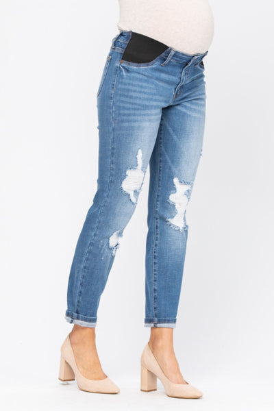 Judy Blue Bloom Maternity Destroyed Boyfriend Denim Mid Rise 9802-Clothing-Sunshine and Wine Boutique