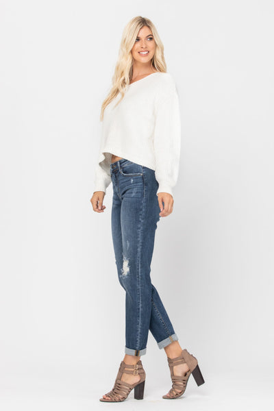 Judy Blue Destroyed Cuffed Slim Fit Denim Mid Rise 82204-Jeans-Sunshine and Wine Boutique