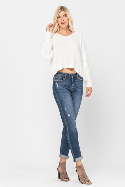 Judy Blue Destroyed Cuffed Slim Fit Denim Mid Rise 82204-Jeans-Sunshine and Wine Boutique