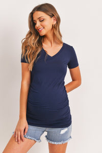 Hello Miz Short Sleeve V-Neck Maternity Tee with Ruched Side, Navy-Clothing-Sunshine and Wine Boutique