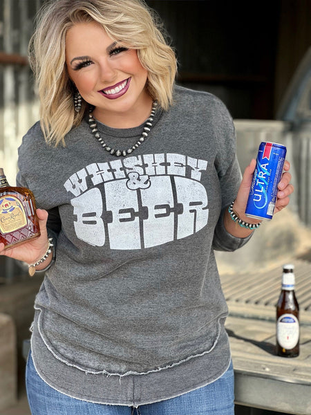 Texas True Threads "Beer & Whiskey" Sweatshirt, Gray-Clothing-Sunshine and Wine Boutique