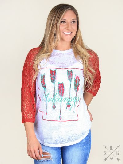 Southern Grace Arkansas Pride with Red Lace Raglan Sleeve Top-Shirts & Tops-Sunshine and Wine Boutique