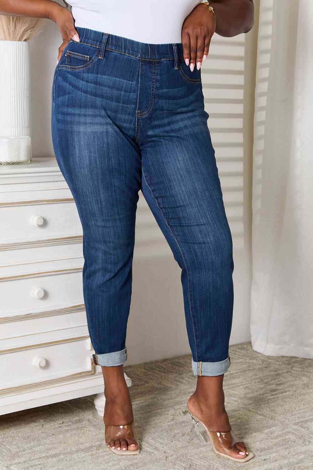 High Waist Pull On Double Cuff Slim Jeggings Judy Blue Jeans