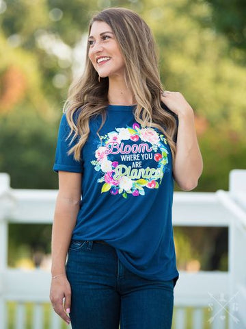 Southern Grace Bloom Where You Are Planted Short Sleeve Top, Blue-Shirts & Tops-Sunshine and Wine Boutique