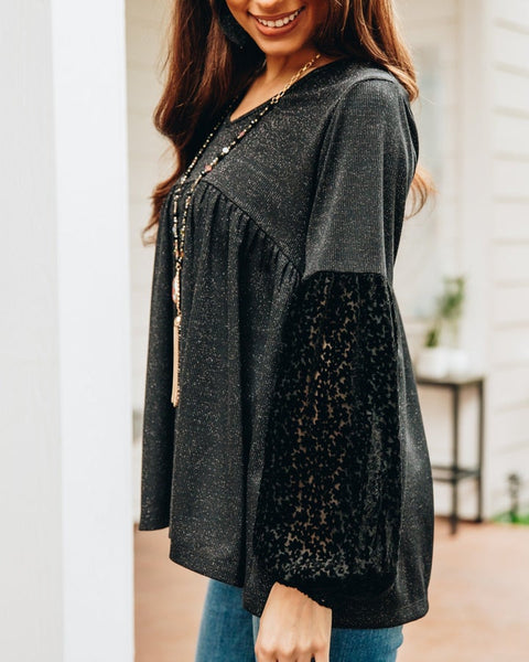 Southern Grace Starry Night Long Sleeve Leopard Top, Black-Shirts & Tops-Sunshine and Wine Boutique