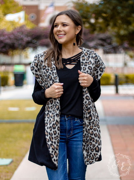 Southern Grace Warm and Together Black with Leopard Vest Cardigan-Clothing-Sunshine and Wine Boutique